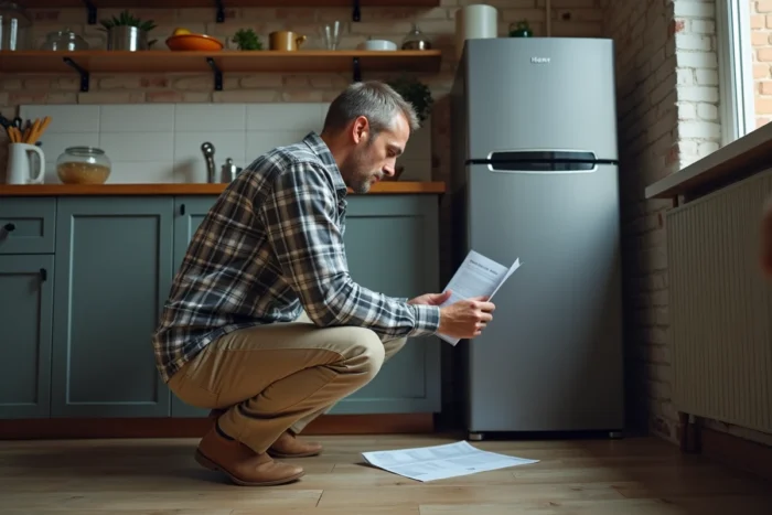 Homme consultant le manuel du réfrigérateur Haier pour effectuer une réinitialisation dans un appartement urbain
