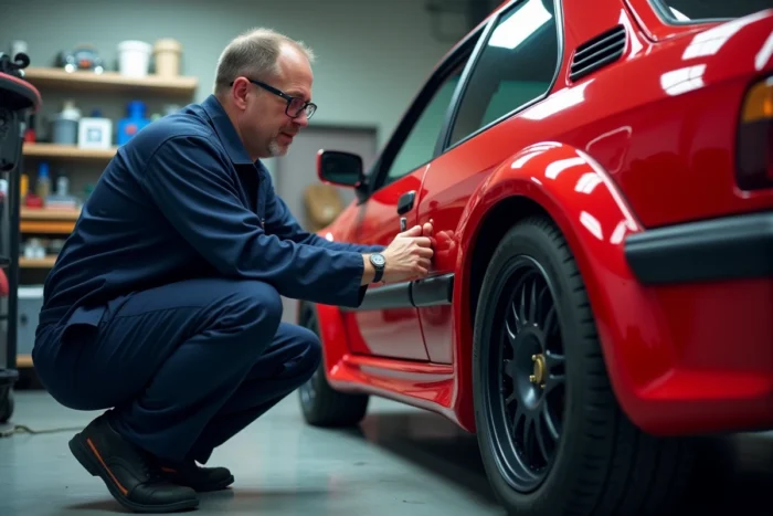 Mécanicien amateur inspectant le kit maxi d'une Peugeot 306 dans un garage de préparation circuit