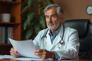 Médecin examinant des documents médicaux dans un cabinet feutré, illustrant la discrétion médicale autour d'une maladie sensible
