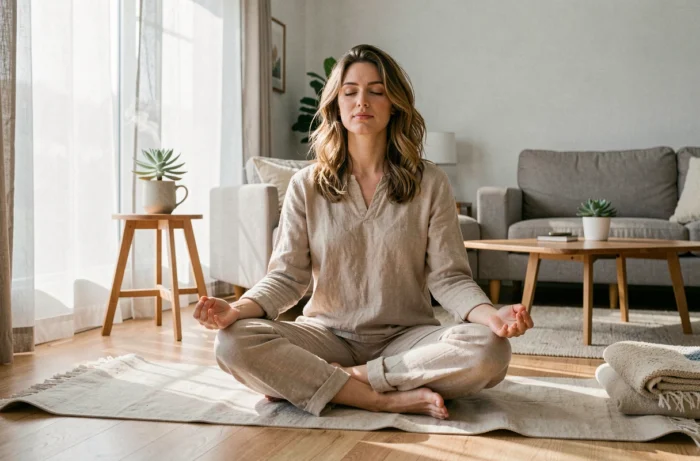 Femme en méditation matinale sur un tapis de yoga dans un salon lumineux pour prendre soin de son bien-être quotidien