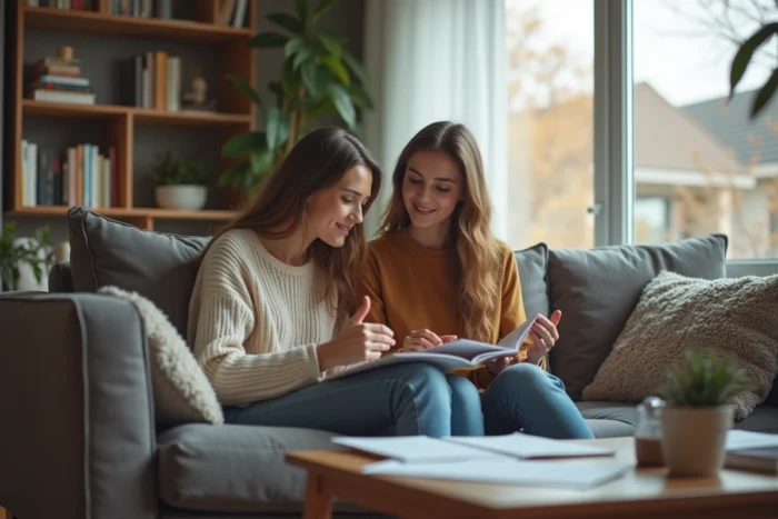 Mère et fille adolescente complices faisant les devoirs ensemble sur un canapé dans un salon cosy et lumineux