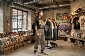 Jeune femme parcourant des vêtements streetwear dans une boutique urbaine avec graffitis et décor industriel