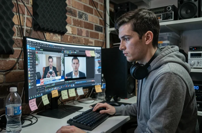 Monteur vidéo travaillant sur le contenu d'une chaîne d'information alternative et militante dans une salle de production