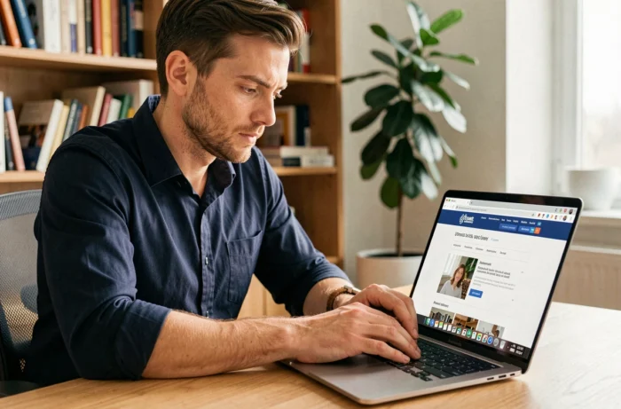 Homme utilisant un ordinateur portable pour naviguer en sécurité sur un site web avec des indicateurs de sécurité visibles dans le navigateur