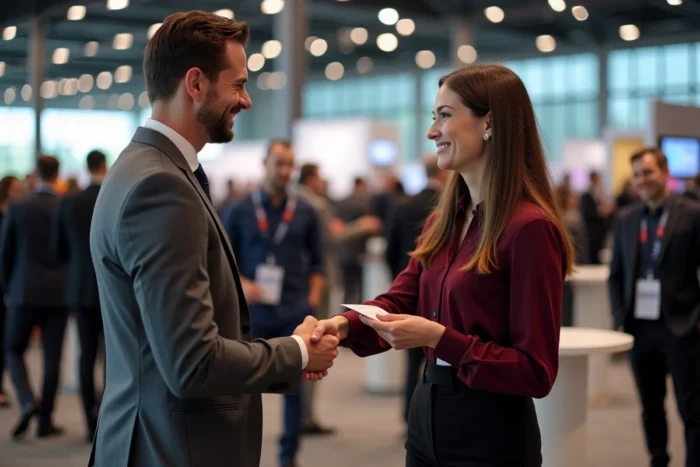 Deux professionnels échangeant des cartes de visite lors d'un événement de networking B2B