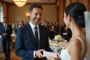 Neveu en costume marine remettant une enveloppe cadeau à une mariée lors d'une réception de mariage élégante