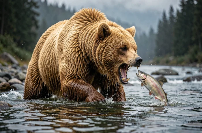 Ours Kodiak géant pêchant le saumon dans une rivière d'Alaska, illustrant sa taille imposante et sa fourrure dense caractéristique