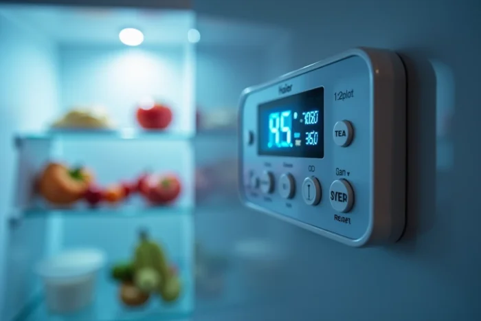 Gros plan sur le panneau de commande numérique d'un réfrigérateur Haier avec bouton de réinitialisation visible