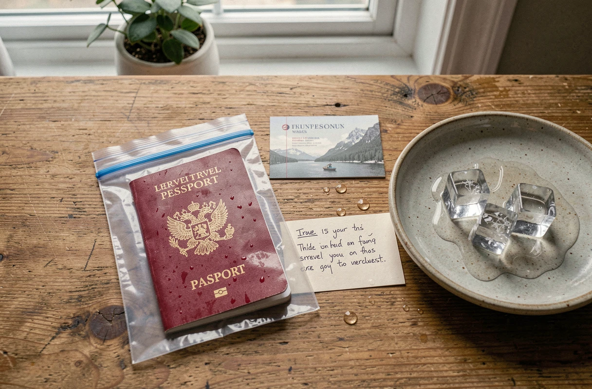 Vue de dessus d'un passeport posé sur une table en bois avec un sac plastique hermétique et des glaçons, illustrant le mythe de la conservation du passeport au congélateur