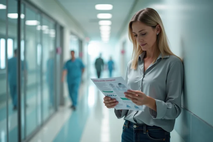 Une femme lisant une brochure d'information sur le dispositif Prado de l'Assurance Maladie dans un couloir d'hôpital