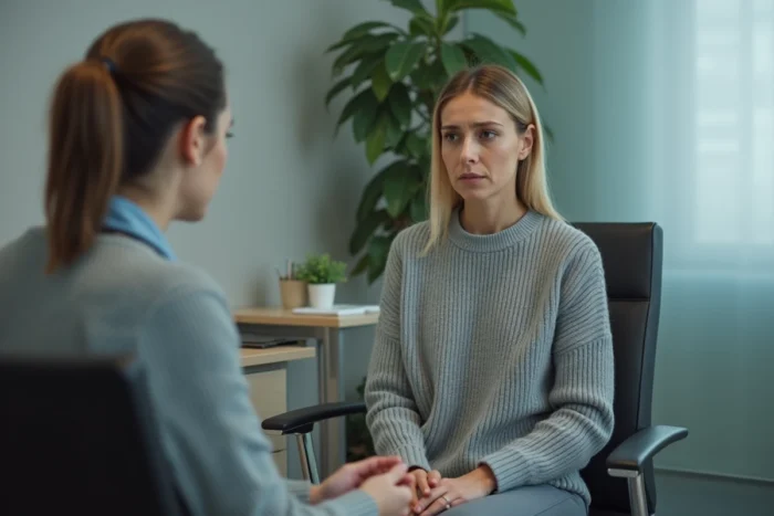 Patiente en salle de consultation attendant une discussion médicale délicate sur une maladie difficile à évoquer