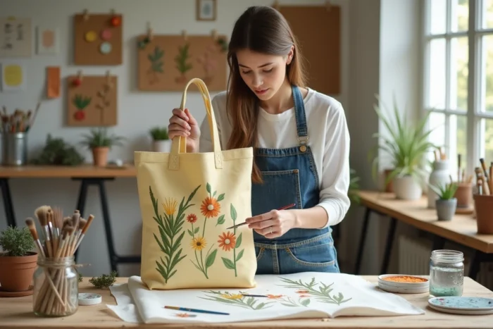Jeune femme peignant à la main un motif botanique sur un tote bag en lin dans un studio créatif dédié à la personnalisation de textiles
