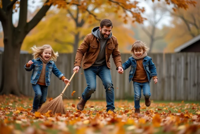 Père jouant avec ses enfants dans un jardin en automne parmi les feuilles colorées tombées des arbres