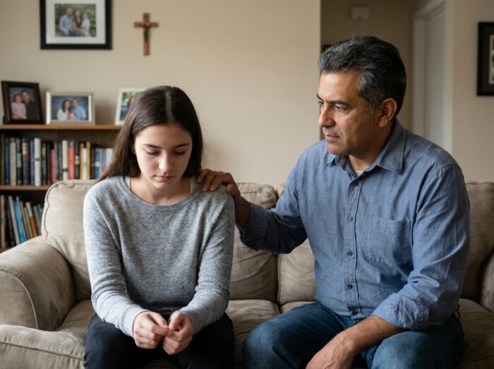 Père posant une main réconfortante sur l'épaule de sa fille adolescente dans un salon familial avec croix en bois et livres religieux en arrière-plan