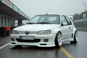 Peugeot 306 équipée d'un kit maxi dans le paddock d'un circuit automobile amateur