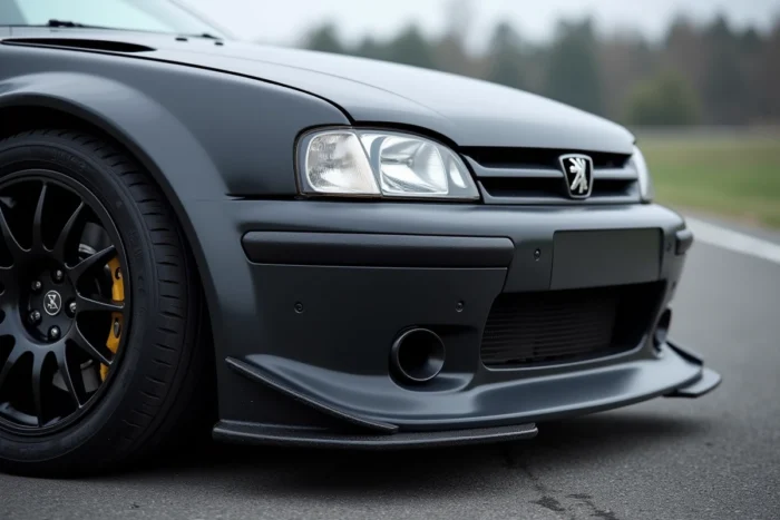Détail du kit carrosserie maxi sur une Peugeot 306 vue de trois quarts avant sur circuit