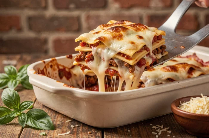 Portion de lasagnes réchauffées soulevée avec une spatule révélant les couches de pâtes, béchamel et sauce viande avec fromage filant