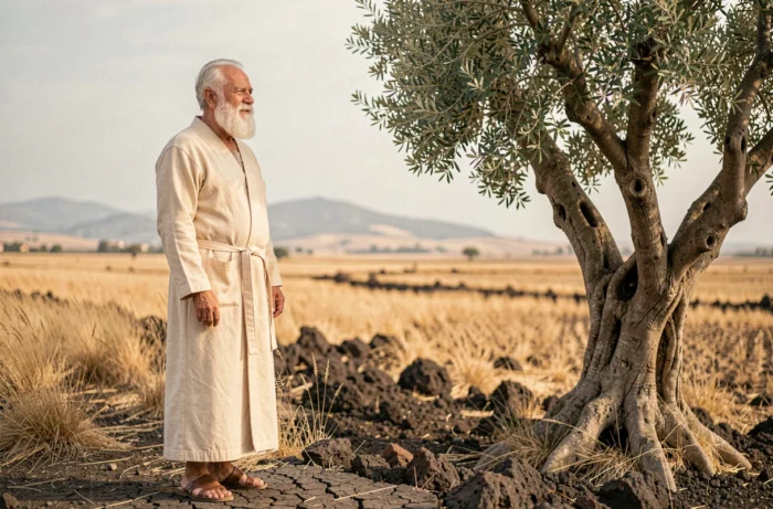 Vieil homme à longue barbe blanche debout près d'un olivier ancien dans un paysage sicilien aride, illustrant le prénom biblique Abramo