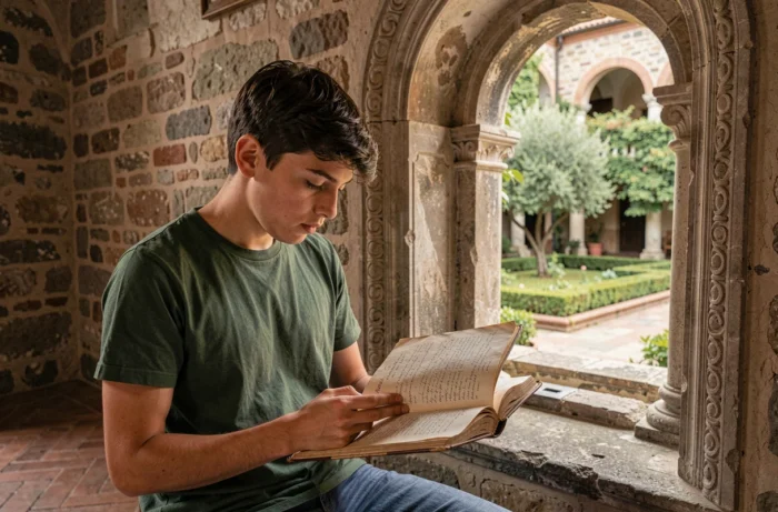 Adolescent italien lisant un grand livre annoté assis sur le rebord d'une fenêtre en pierre d'un palais renaissance, illustrant le prénom biblique Daniele