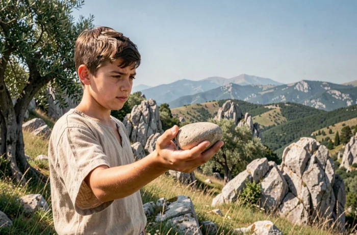 Adolescent italien tenant une pierre lisse dans la campagne montagneuse italienne, illustrant le prénom biblique Davide
