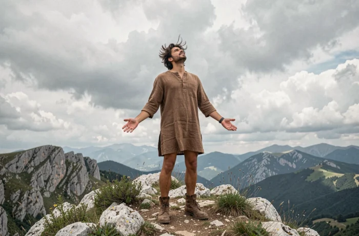 Jeune homme italien debout sur une colline rocheuse avec les bras ouverts face au ciel nuageux, illustrant le prénom biblique Elia