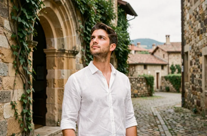 Jeune homme italien au visage contemplatif devant le portail d'une église en pierre toscane, illustrant le prénom biblique italien Gabriele