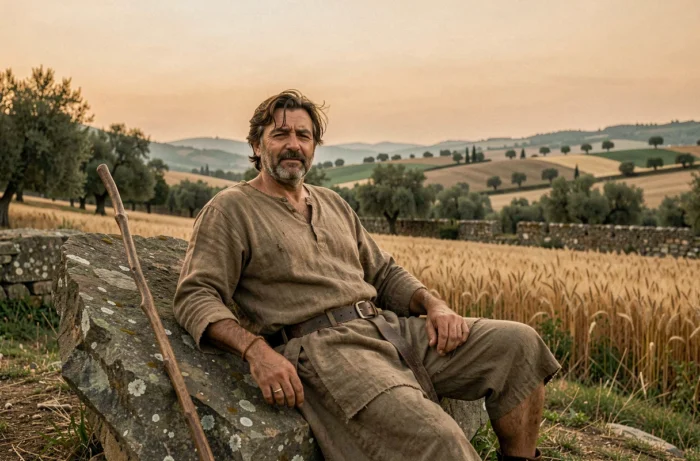 Homme italien robuste se reposant contre un rocher plat dans la campagne ombrienne au coucher du soleil avec un bâton de marche, illustrant le prénom biblique Giacobbe