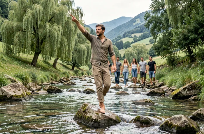 Jeune homme italien traversant un cours d'eau rocheux en guidant un groupe à travers une vallée verdoyante, illustrant le prénom biblique Giosuè