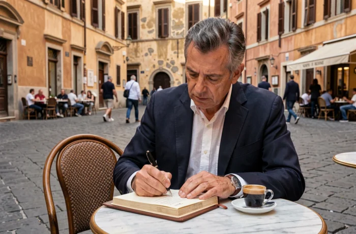 Homme italien élégant écrivant dans un carnet en cuir à une table de café romain en plein air, illustrant le prénom biblique Giovanni