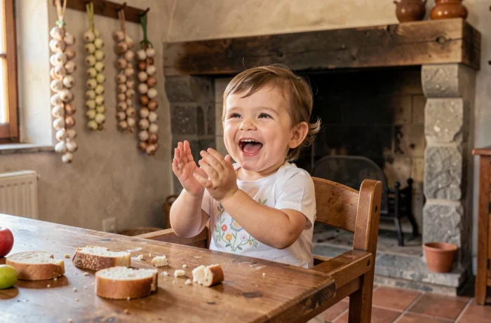 Bébé garçon italien riant aux éclats dans une chaise haute en bois dans une cuisine de ferme toscane, illustrant le prénom biblique Isacco