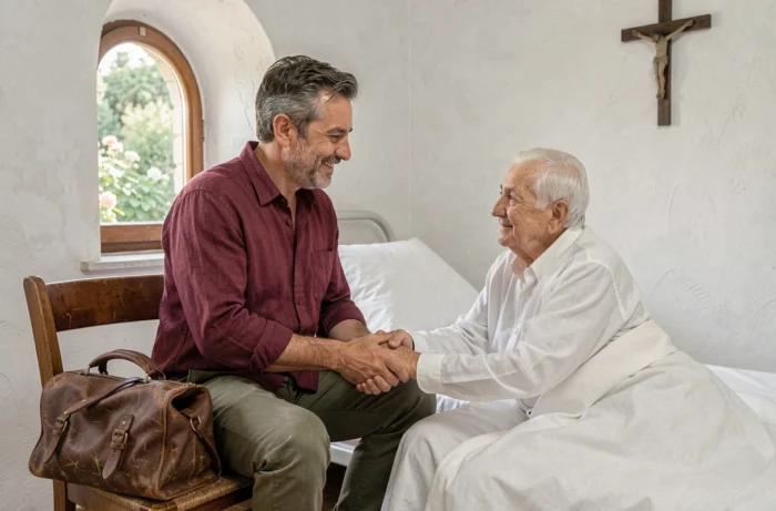 Homme italien tenant doucement la main d'un patient âgé dans une chambre d'hôpital privée italienne aux murs blancs, illustrant le prénom biblique Luca