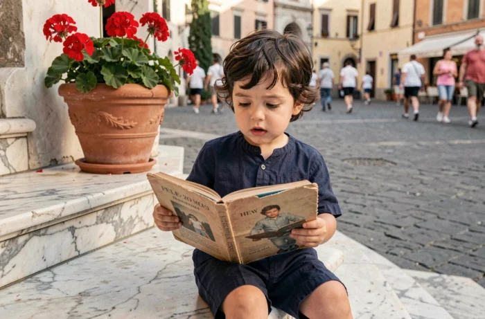 Petit garçon italien aux cheveux bouclés assis sur les marches d'une piazza ensoleillée tenant un livre, illustrant le prénom biblique Matteo