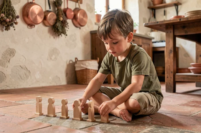 Petit garçon italien concentré arrangeant des figurines en bois sur le sol d'une cuisine rustique toscane, illustrant le prénom biblique Mattia