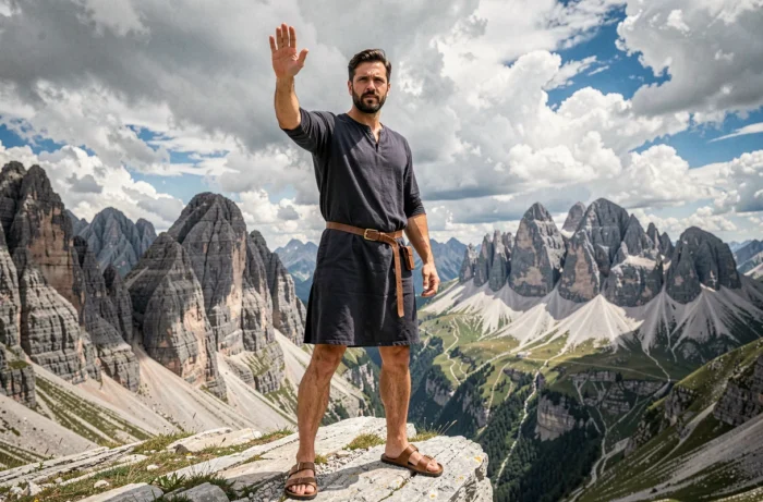 Homme italien à la posture puissante debout au bord d'une falaise montagneuse avec un bras levé en geste de protection, illustrant le prénom biblique Michele