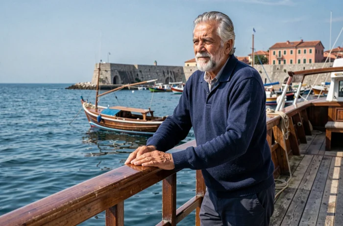 Homme italien âgé à la barbe argentée debout sur le pont d'un bateau en bois dans un port adriatique, illustrant le prénom biblique Noè