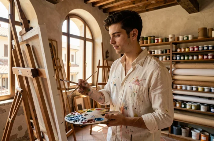 Jeune artiste peintre italien dans un atelier florentin avec des pinceaux et une palette, illustrant le prénom biblique Raffaele