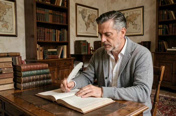Homme italien d'âge mûr assis à un bureau ancien avec un manuscrit ouvert, illustrant le prénom biblique italien Samuele