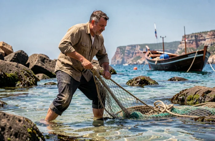 Pêcheur italien tirant un filet de pêche dans les eaux peu profondes d'une baie sicilienne ensoleillée, illustrant le prénom biblique Simone