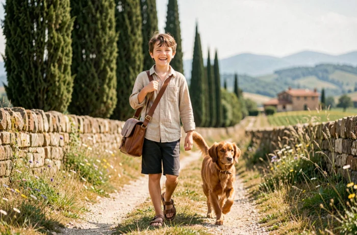 Garçon italien souriant marchant sur un chemin de campagne ombrien ensoleillé avec un petit chien brun à ses côtés, illustrant le prénom biblique Tobia