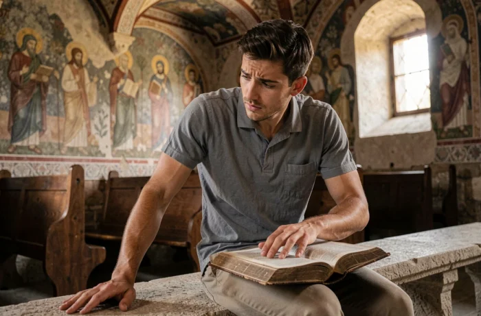 Jeune homme italien assis dans une chapelle ancienne aux fresques byzantines tenant une Bible avec une expression de doute et d'émerveillement, illustrant le prénom Tommaso