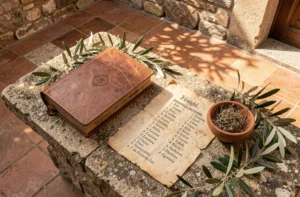 Une Bible ancienne ouverte posée sur une pierre italienne rustique, entourée de branches d'olivier et d'un parchemin avec des prénoms italiens bibliques écrits à la main