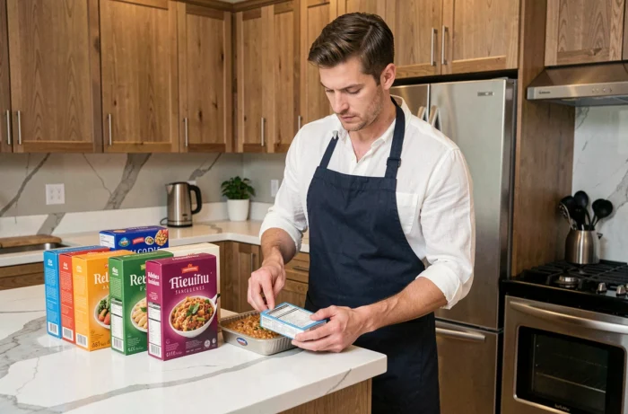 Homme préparant un plat surgelé dans une cuisine moderne, avec plusieurs boîtes de produits surgelés de marques françaises posées sur le plan de travail en marbre