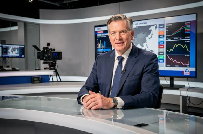 Présentateur de journal télévisé dans un studio de news français lors d'un direct