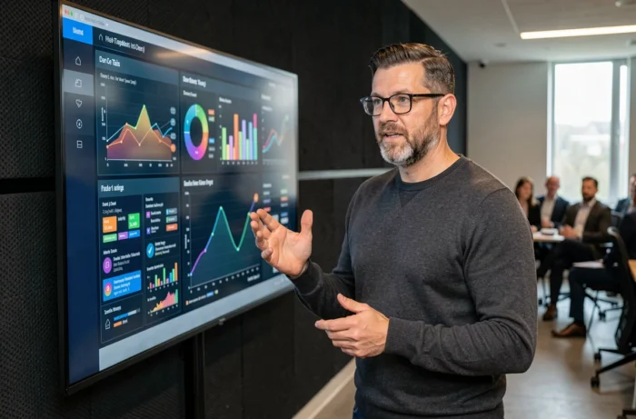 Homme présentant des tendances technologiques sur un écran interactif lors d'une conférence professionnelle