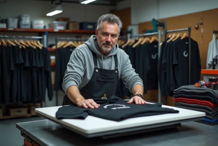Homme utilisant une presse à chaud pour appliquer un transfert thermique sur un sweat à capuche noir dans un atelier de personnalisation de vêtements