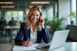 Femme d'affaires passant des appels de prospection commerciale dans un bureau moderne