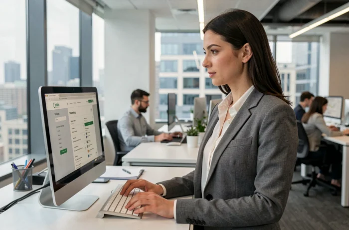 Femme recherchant la nouvelle adresse du site Batiav depuis un poste de travail en open space