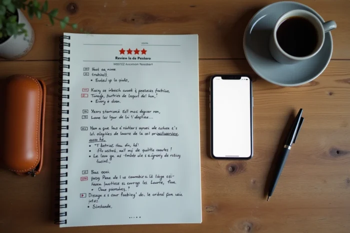 Vue aérienne d'une table avec smartphone affichant des avis en ligne, notes manuscrites et accessoires de bureau, illustrant la recherche approfondie sur les critiques de Simon Cavallo