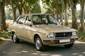 Renault 30 V8 beige garée sur une route de campagne française bordée de platanes, vue trois quarts avant