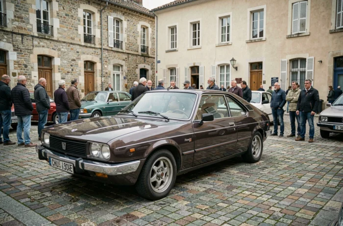 Renault 30 V8 marron métallisé exposée lors d'un salon de voitures anciennes sur une place pavée en France